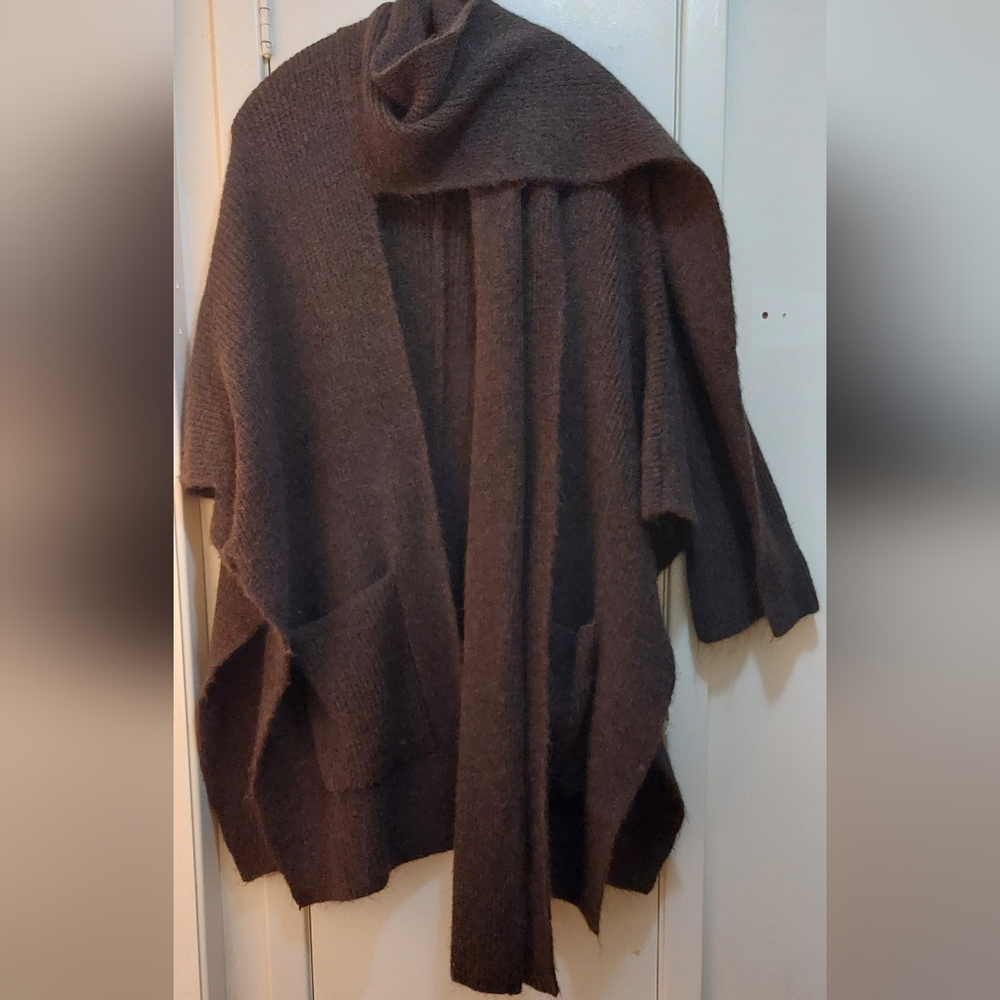 Zara Brown Knit Cape With Attached Scarf And Front Pockets